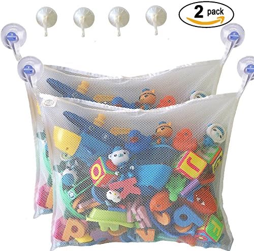 Baby Bath Toys Organizer, Perfect Net for Bathtub Toys, Bathroom Storage. Make Bath Toy Storage Easy For Kids,2 Pack Bathtub Toy Holder 14x20”, 4 Strong Suction Hooks, 100% Water Resistant, Vuza
