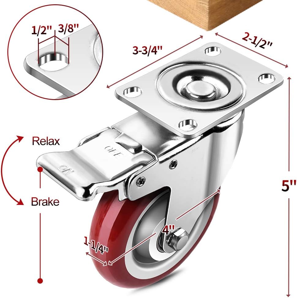 SPACECARE 4 Inches Swivel Caster Wheels, 1360Lbs with 360 Degree Heavy Duty Swivel Locking Casters with Brake Set of 4, No Noise Swivel Plate Castors: Home Improvement