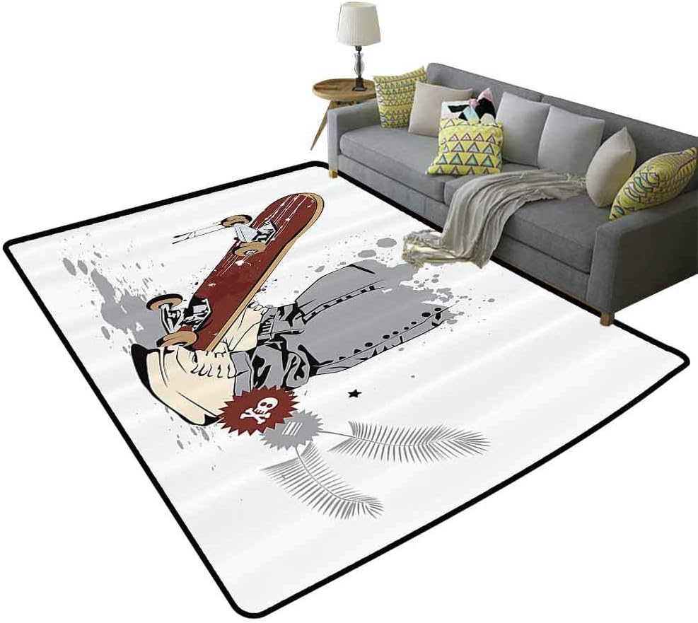 Teen Room Decor Contemporary Area Rugs Skateboard with Boy Feet in Sneakers and Jeans Illustration Gifts for Men Grey Cream Chestnut Brown, 6'x 8'(180x240cm)