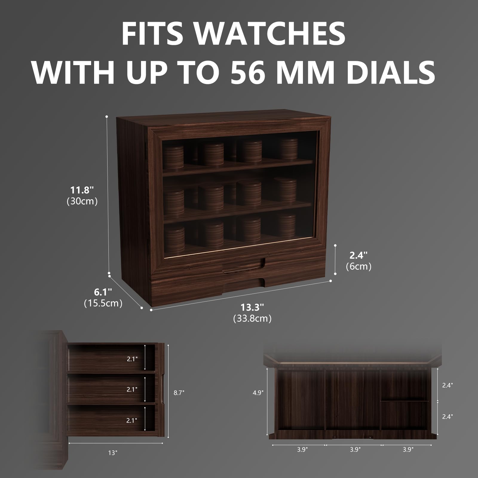 AUTOARK Wooden Watch Sunglass Display Case,12 Watch Box with Jewelry Drawer,Watch Eyeglass Holder with Window,Vertical Storage,Gift Idea,Walnut,AW-185