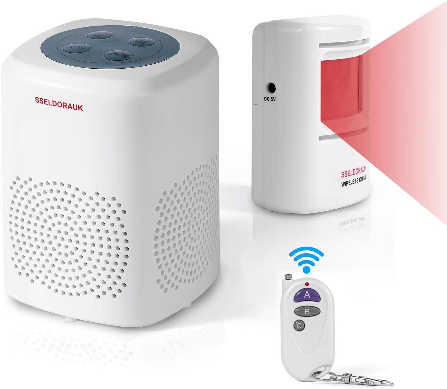 S SELDORAUK Motion Sensor, PIR Dog Barking Alarm Doorbell Guard Wireless Infrared Detect Alert Door Chime Wall Mounted for Home Security Repelling Wildlife 1000ft 110dB (1Receiver+1Detector+1Remote) — image 1