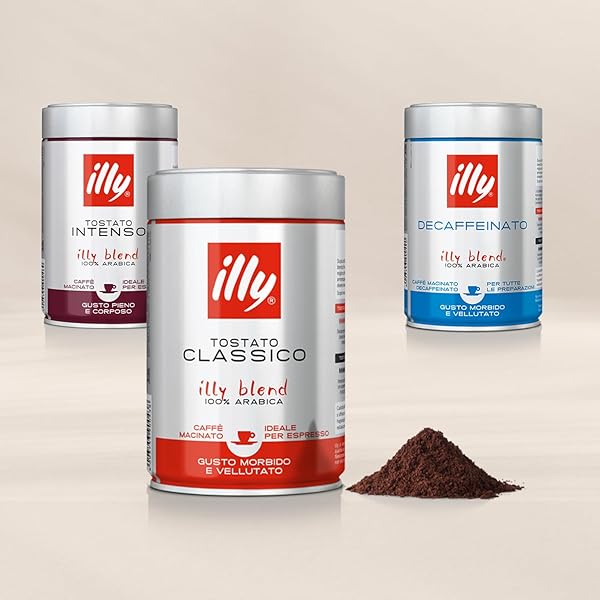 ILLY GROUND COFFEE ESPRESSO – 100% ARABICA COFFEE GROUND – CLASSICO DECAF ROAST – NOTES OF CARAMEL, TOASTED BREAD & CHOCOLATE – RICH AROMATIC PROFILE – PRECISE ROAST – NO PRESERVATIVES – 8.8 OUNCE