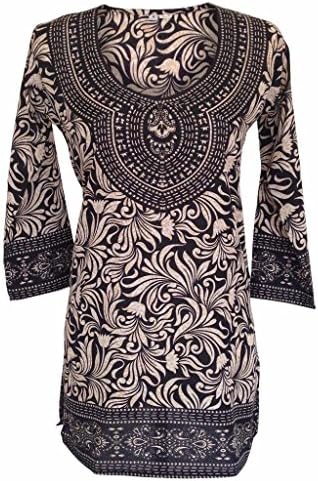 Tunique Tunic Top Womens Kurti Printed Blouse India Clothing Black Small 34"