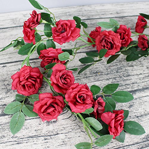 AmyHomie 3 Pack Artificial Rose Garlands,Silk Fake Rose Vine Flowers Plants for Home Hotel Office Wedding Party Garden Craft Art Decor(big flowers) (red) - Thumbnail 2