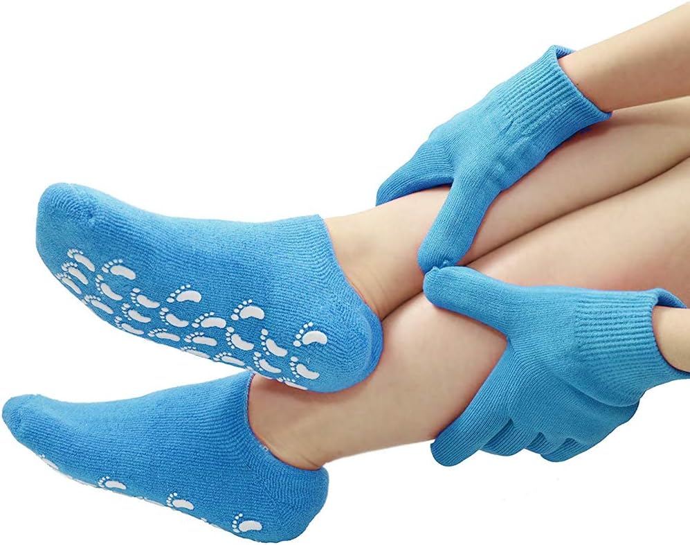 Gel Moisturizing Spa Gloves and Socks for Dry Cracked Feet Heels Hands Skin Repair treatment for Foot Care Booties and Heel Glove Moisture(Blue)