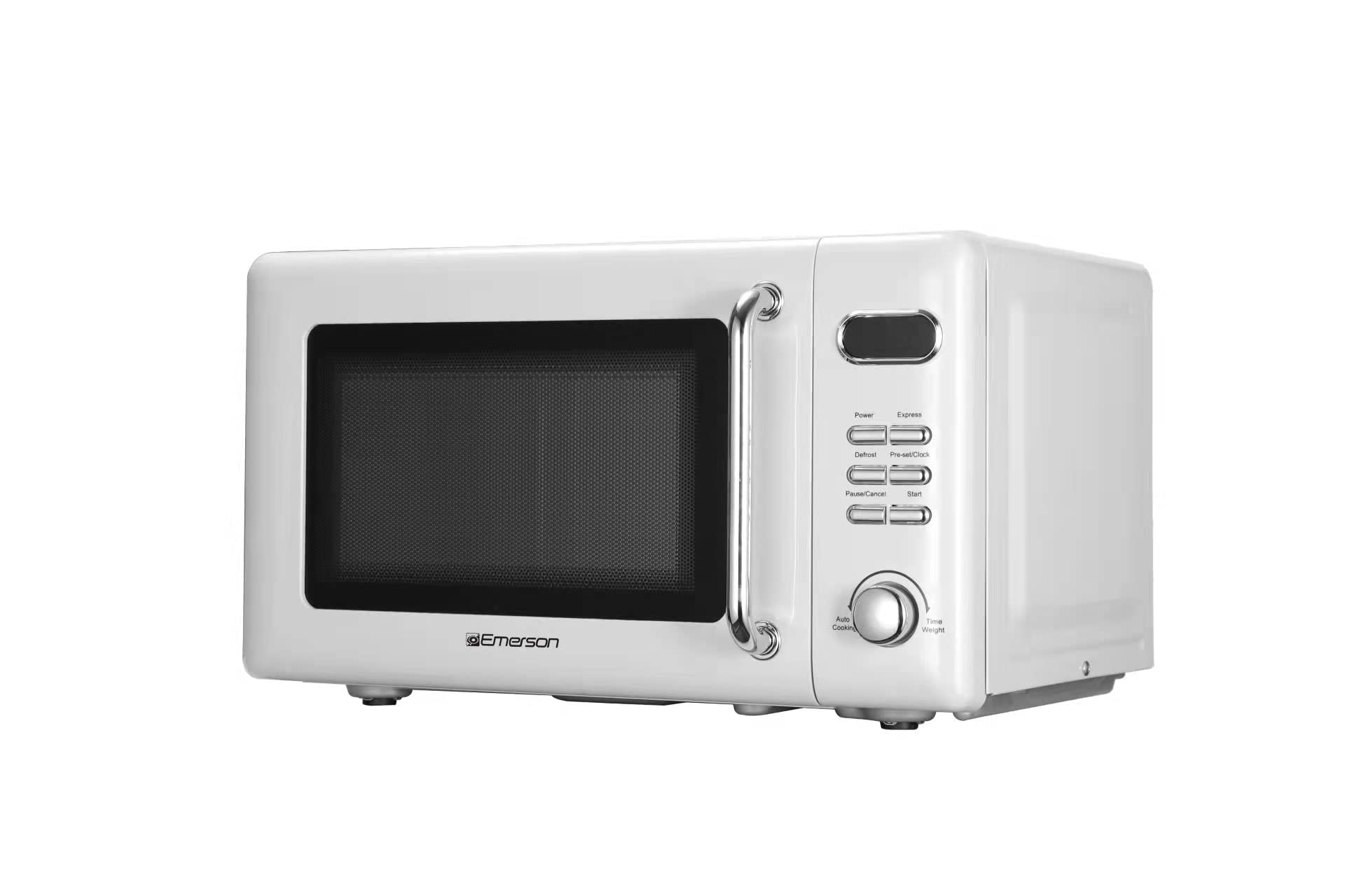 Emerson MWR7020W Compact Countertop Microwave Oven with Button Control, LED Display, 700W 5 Power Levels, 8 Auto Menus, Glass Turntable and Child Safe Lock, 0.7, Retro White