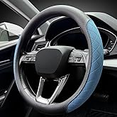 LKWLIKEI Nappa Leather Steering Wheel Cover,Elegant Diamond Checkered Design, Non-Slip wear-Resistant, Enhance Driving Comfort, Suitable for Steering Wheel Diameter 14 1/2‘-15’ Models.Black Blue