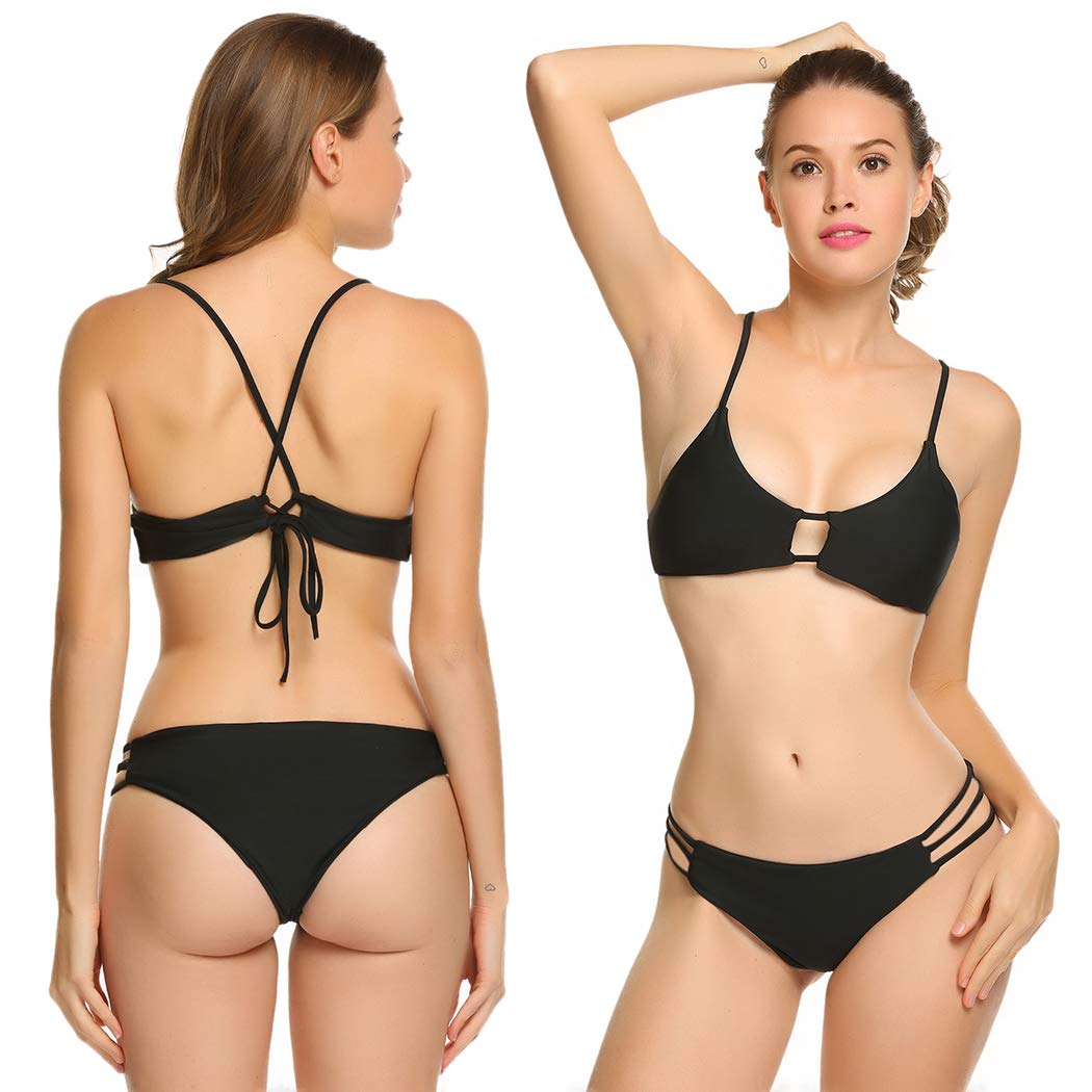 wearella Women\'s High Waist Bikini Set Push Up Ruffled Bathing Suits Tummy Control (Style5-Black, Small)