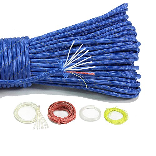 PSKOOK 550 Paracord Parachute Cord Reflective Survival Rope 100% Nylon with Tinder Fire Starter PE Fishing Line Outdoor Military Grade (Blue)
