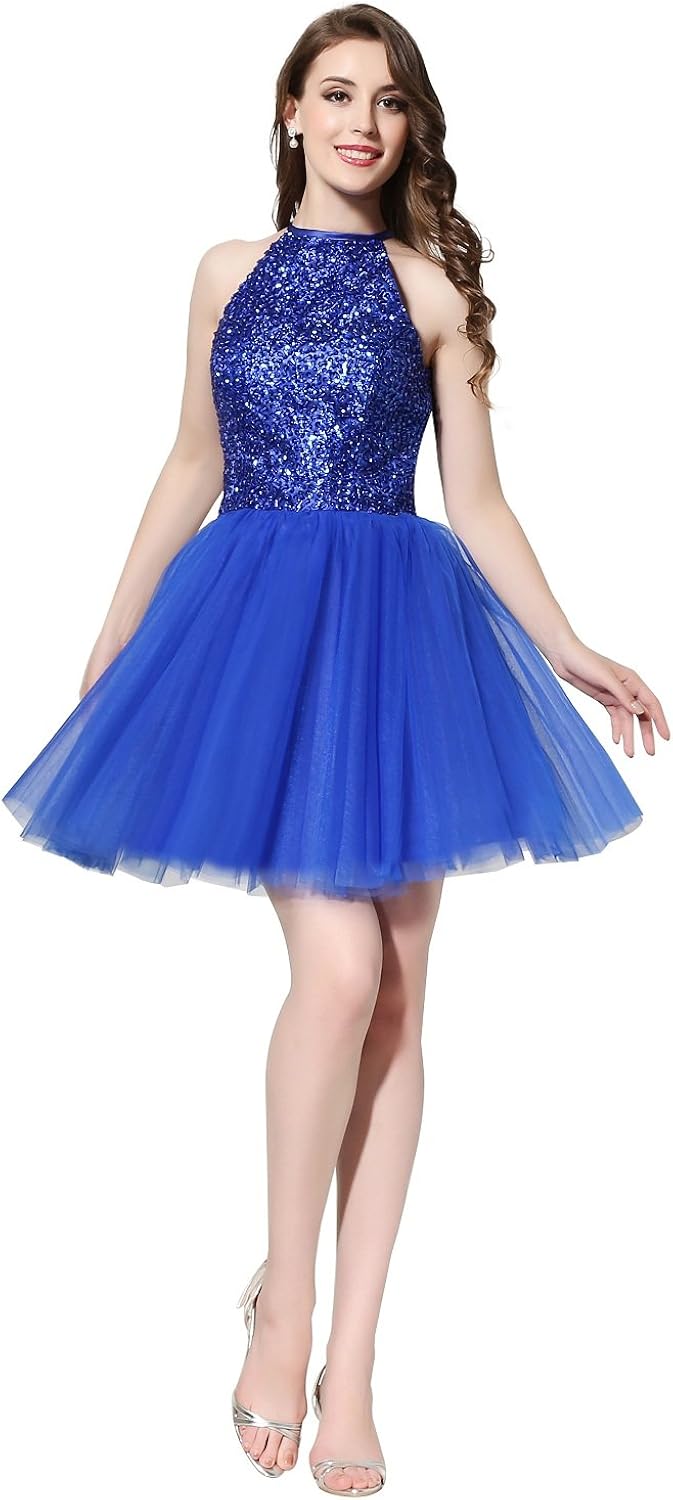 blue halter cocktail dress