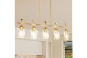 UNICOZOHOME Dining Room Light Fixture/Chandelier Over Table, 5-Light Kitchen Island Lighting Hanging for Farmhouse Linear Chandeliers, Modern Gold Ceiling Pendant Light Fixtures, with Clear Glass Shade