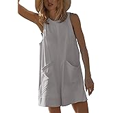Yeokou Womens Rompers Summer Casual Loose Sleeveless Overalls Onesie Shorts Jumpsuits with Pockets Beach Outfits