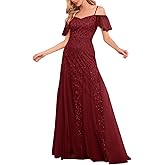 YHHOWEP Women Long Formal Dress Evening Gowns Off Shoulder Short Sleeves Sequin Tulle Party Gown Wedding Guest Dresses Burgundy S