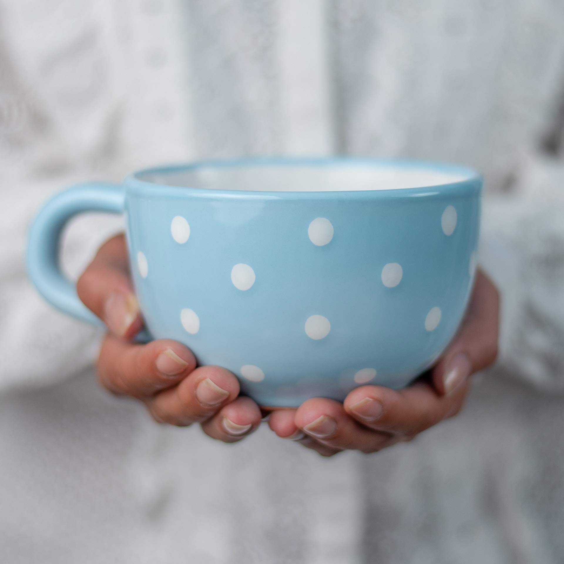 City to Cottageยฎ Light Sky Blue and White | Polka Dot Spotty | Designer Handmade Hand Painted | Unique Ceramic Extra Large 17.5oz/500ml | Cappuccino Coffee Tea Soup Mugs Cups with Handle | Gift โ image 1
