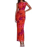 PRETTYGARDEN Women's 2026 Summer Floral One Shoulder Maxi Dress Wedding Guest Ruched Mesh Bodycon Long Cocktail Dresses