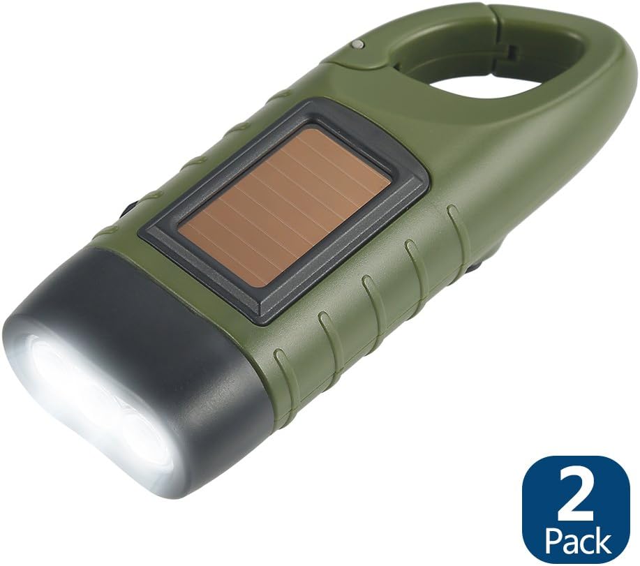 Simpeak [ 2-Pack] Hand Crank Solar Powered Flashlight, Emergency Rechargeable LED Flashlight, Survival Flashlight, Quick Snap Carbiner Dynamo Flashlight Torch for Outdoor Sports, Green+Yellow - - 