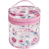 TotePrint Printed Flowers Clear Cylinder Travel Makeup Bag,Portable Waterproof Pouch with Handle Ideal for Women and Girl (Pink Floral 2)