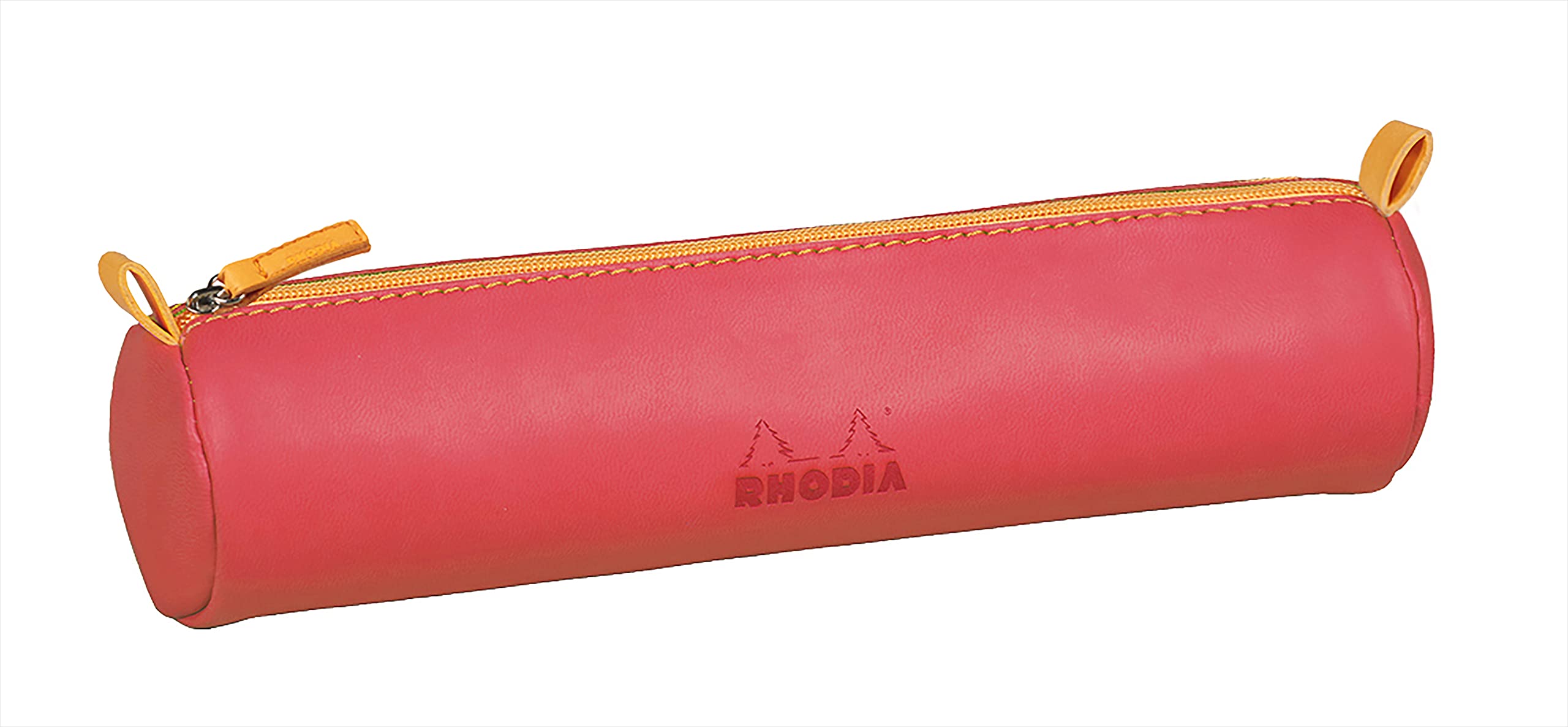 RHODIA 319010C - Rhodiarama Coral Round Pencil Case - 21.5 x 5.5 cm - Genuine Orange Stitching - Ivory Jersey Interior - Faux Leather - Storage for Pens, Pencils, Markers, Small Supplies
