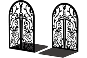 Peacoblue Metal Bookends for Shelves, Modern Decorative Heavy Duty Study Book Support Stoppers for Office, Desk, Shelf, Room 5.3"x4.3"x7.9" Cast Iron Tall Bookends, 1 Pair (Sword with Vine and Rose)