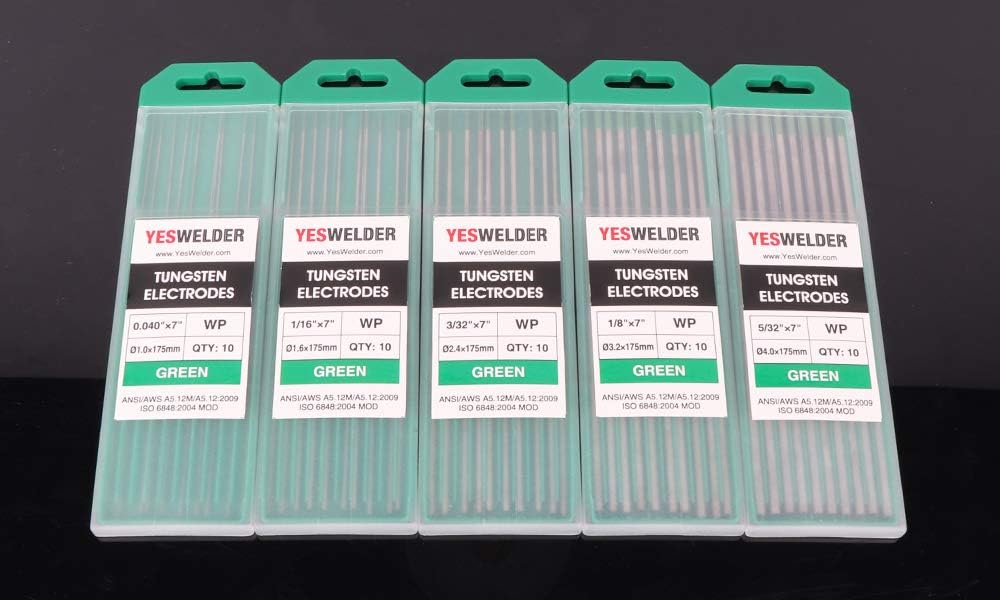 TIG Welding Tungsten Electrode Pure Tungsten 3/32" x 7" (Green, EWP) 10-pk YESWELDER - - 