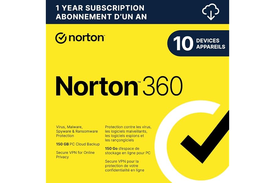 Norton 360 2025, Antivirus software for 10 Devices, 1-Year Subscription - Includes VPN, Password Manager and PC Cloud Backup