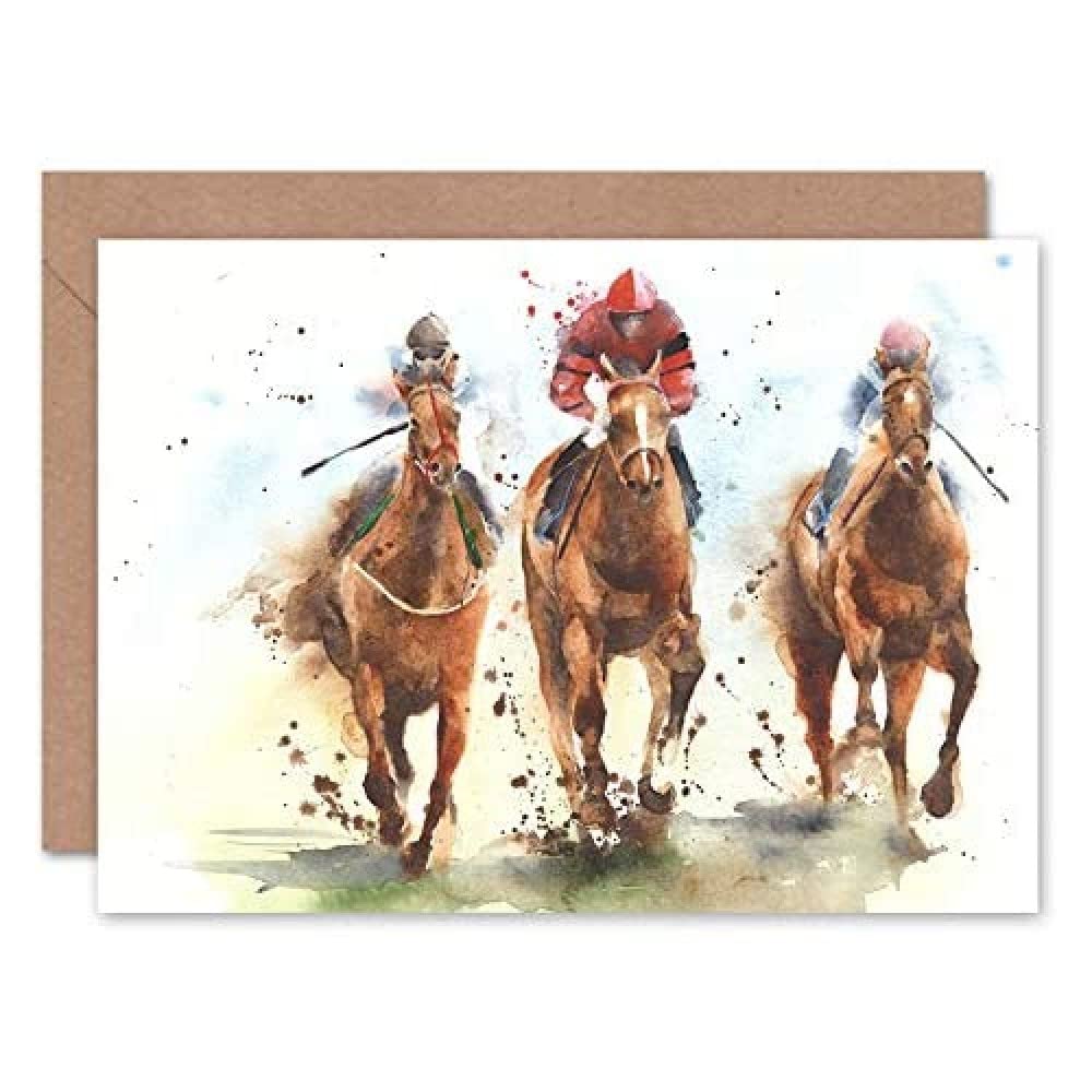 Wee Blue Coo Racing Horses Watercolour Greeting Card With Envelope Inside Premium Quality