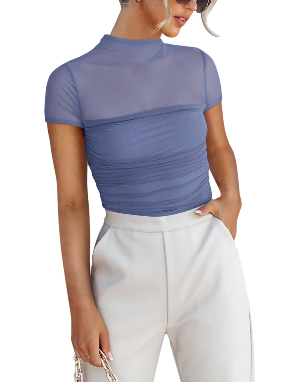 Photo 1 of REORIA Women’s Summer Sexy Mock Turtle Neck Short Sleeve Slimming Shirts Sheer Mesh Ruched Fashion Night Out Thong Body Suits Tops Blue Nova X-Large