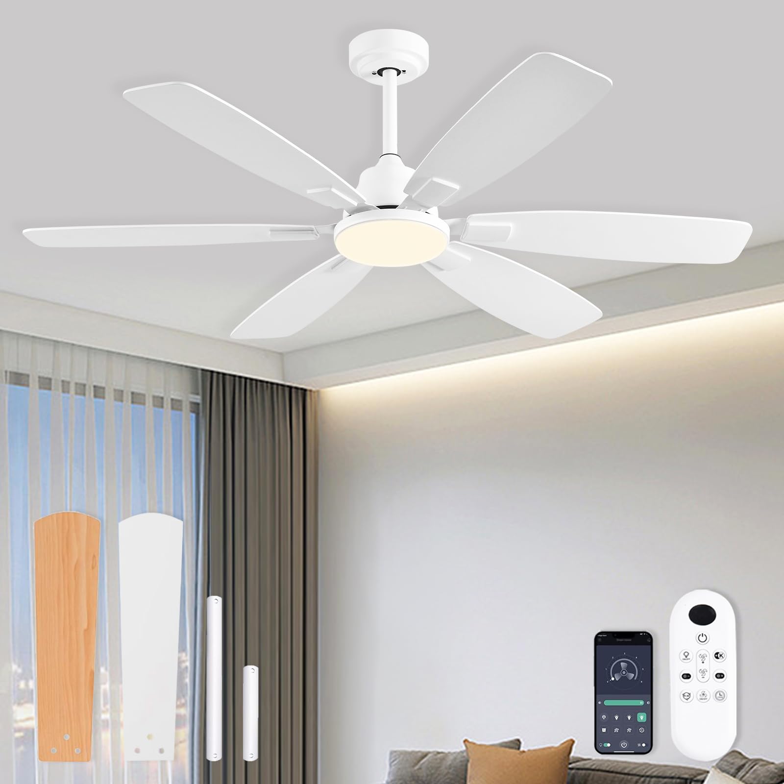 Photo 1 of Ayaoty Ceiling Fans with Lights, 52 Inch Ceiling Fan with Light and Remote, 3CCT Dimmable, 6 Speed Reversible DC Motor,6 Blades Modern White Ceiling Fan for Bedroom, Indoor/Outdoor Use