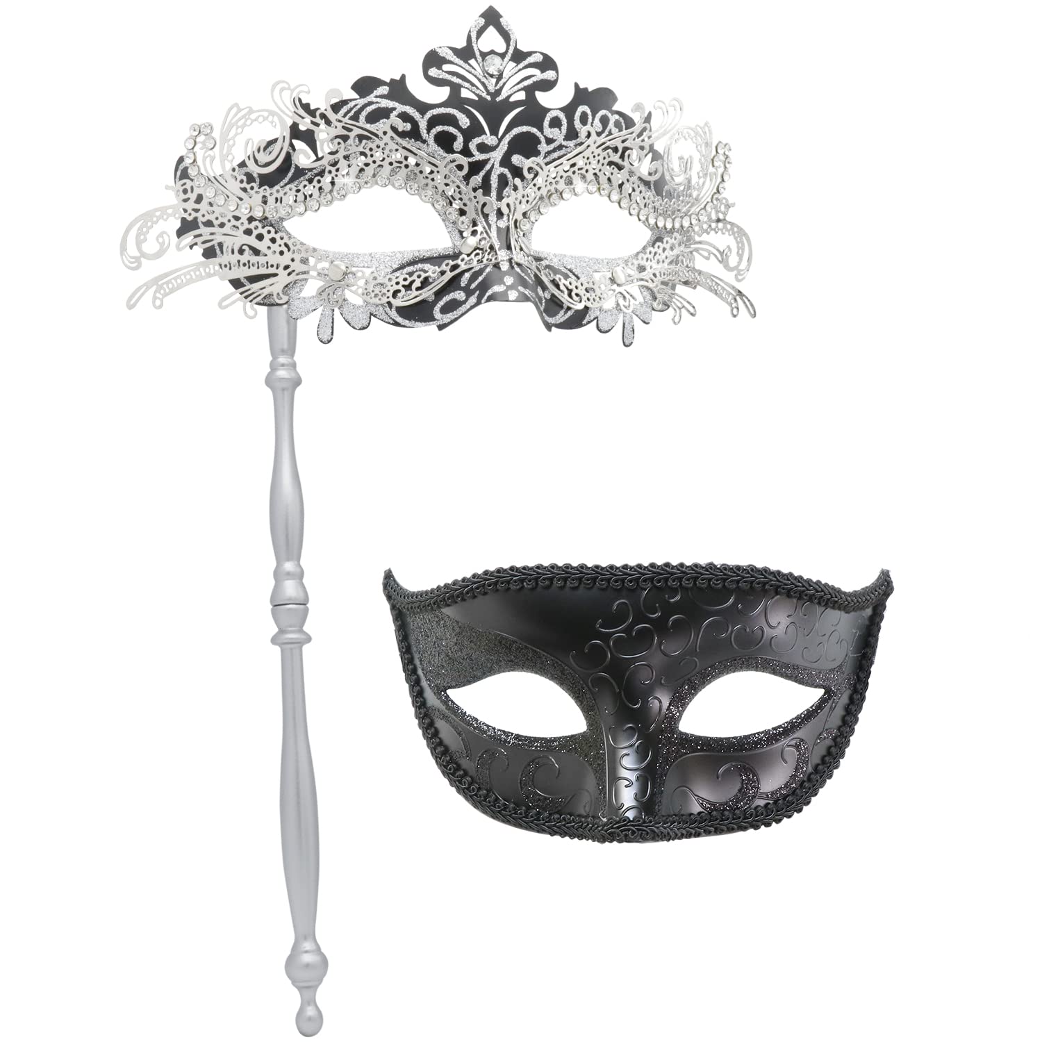 Coddsmz Couple Masquerade Mask with Holding Stick Venetian Halloween Costume Mask Mardi Gras Mask Cosplay Party Costume Mask