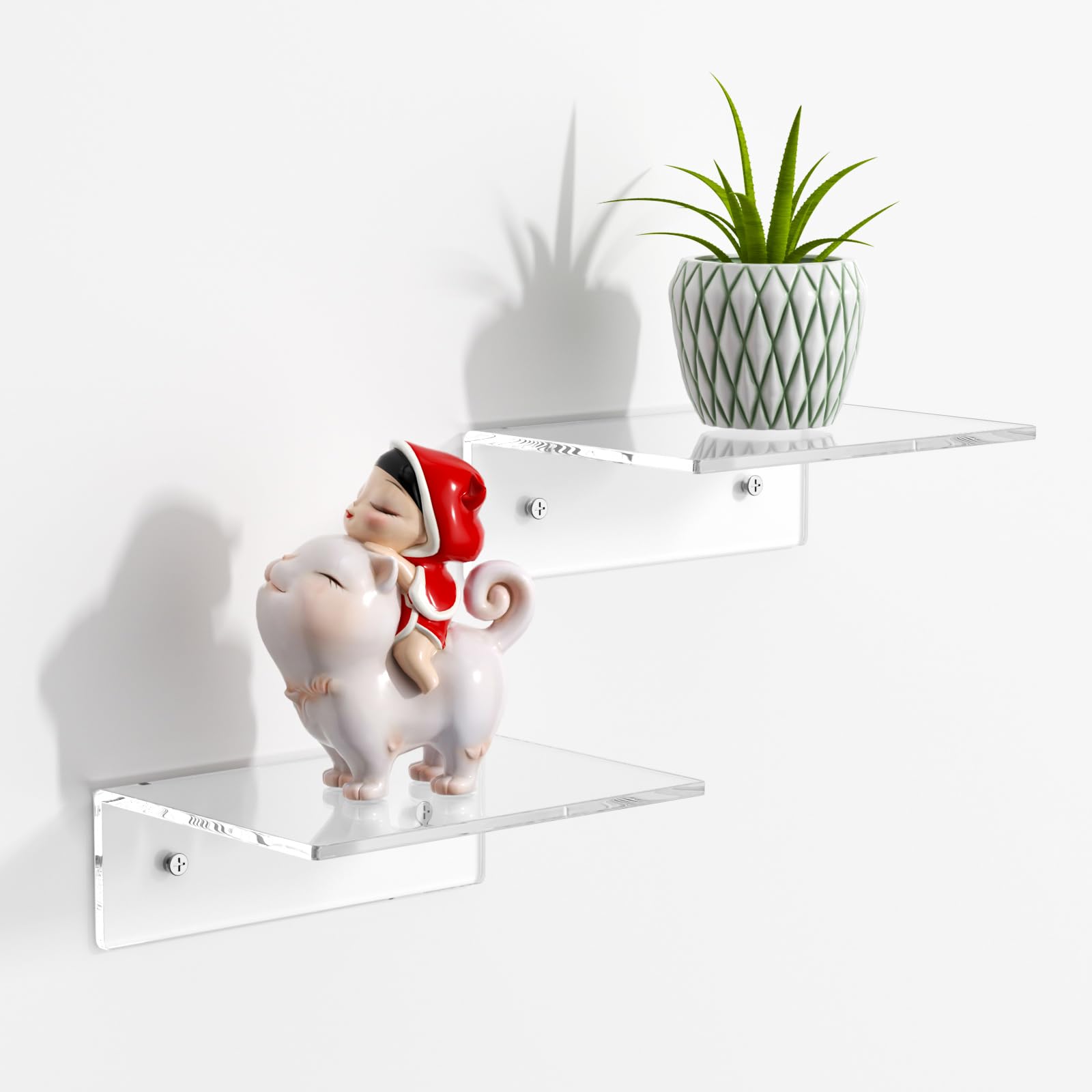 Photo 1 of **USED MISSING PARTS**FEMELI 2 PCS 6" Acrylic Floating Shelves, Clear Shelf for Display, Plant, Perfume, Book in Bedroom Living Room Office, 5mm Thick Wall-Mounted Acrylic Shelves for Wall