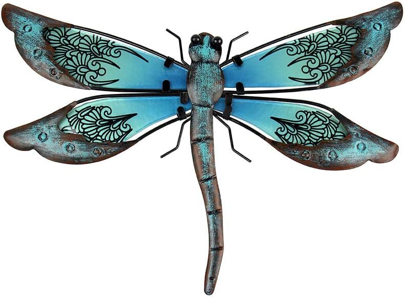 Plaques & Wall Art - LIFFY Metal Dragonfly Wall Decor - Outdoor Wall Decor Garden Dragonfly Decor for Patio - Dragonfly Metal Wall Art for Living Room, Bedroom, Dragonfly Gifts(14inch, Metal&Glass)