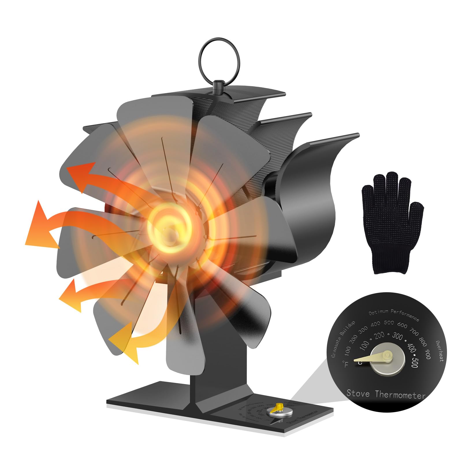 Jasfyee Log Burner Fan, 8 Blade Stove Fan, Stove Fans Log, Built-In Thermometer Wood Burners Fans, For Wood Burning Stoves For Fireplace