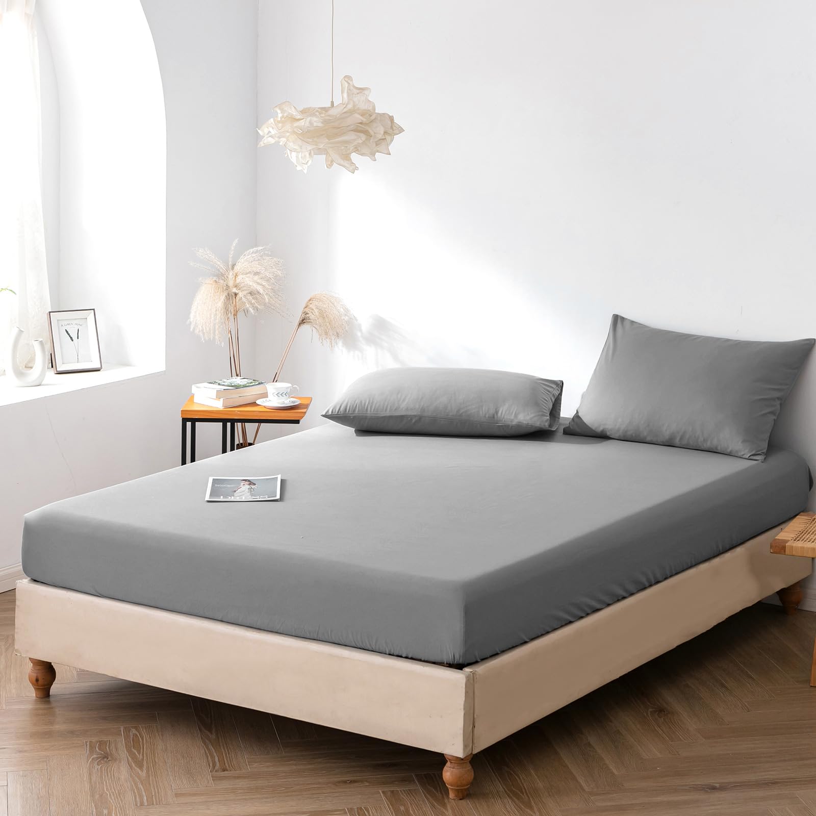 Good Nite Fitted Sheet Bed Sheets Single 25CM Extra Deep Pocket Soft and Breathable Machine Washable Fitted Bedding Sheets (Dark Gray, Single)