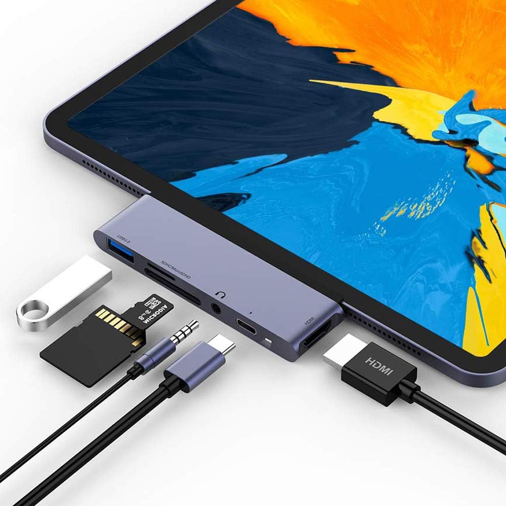 USB C Hub, 6 in 1 USB Type C Hub to 4K HDMI Adapter with USB 3.0 Port, 3.5mm Headphone Jack, SD/TF Card Reader with Power Delivery for iPad Pro 2018/MacBook Pro 2016/2017/2018 and More (Silver)