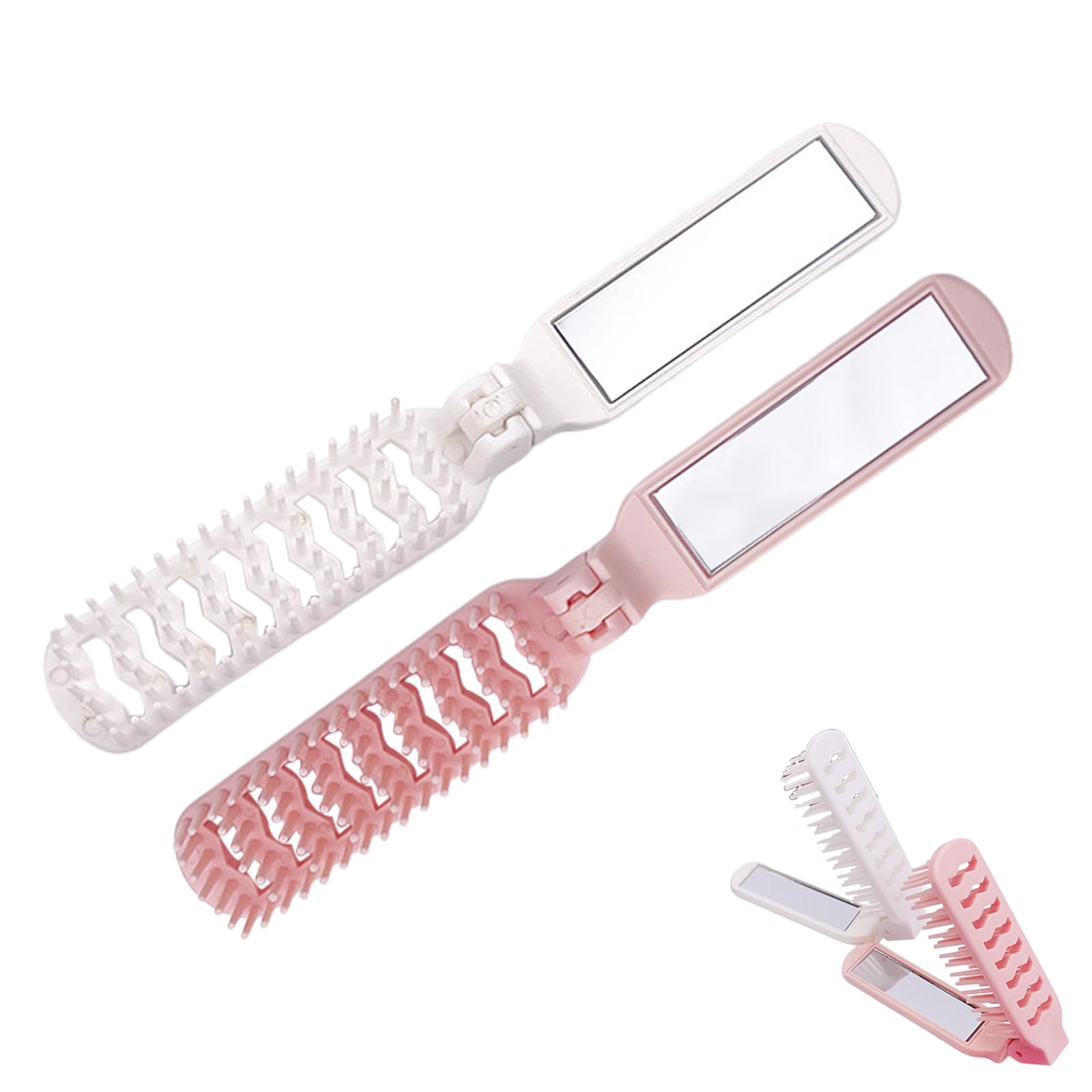 Acpetdr 2 Pack Travel Hair Brush Folding Hair Brush Small Hair Brush Integrated Mirror and Comb Stylish Design Wet Foldable Brush Suitable for Home School Travel Gym