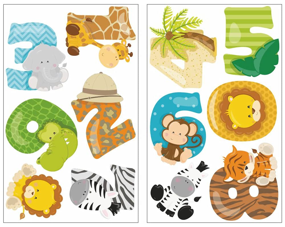 Samunshi® 12x Wall Stickers Numbers with Safari Animals Set Wall Pictures Children's Room Decoration Boys Wall Stickers Children's Room Girls Wall Stickers 2x 21x34 cm