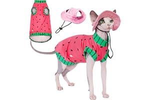 SNIXFEVER Sphynx Cat Watermelon Shirt &Sun Hat for Summer, Cooling Breathable UPF 50+ Shirt for Cats & Small Dogs Apparel, Shirt and Hat Set for Cats (L (5.5-8lbs))