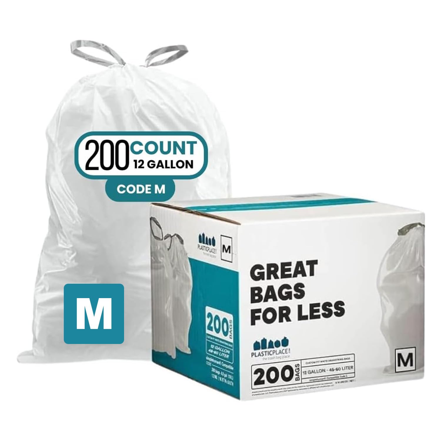 Photo 1 of Plasticplace Custom Fit Trash Bags Compatible with Simplehuman Code M 12 Gallon Drawstring Garbage Bags 200 Count Tear-Resistant Trash Can Liners for Kitchen and Office 1.2 Mil White 21" x 30.5"