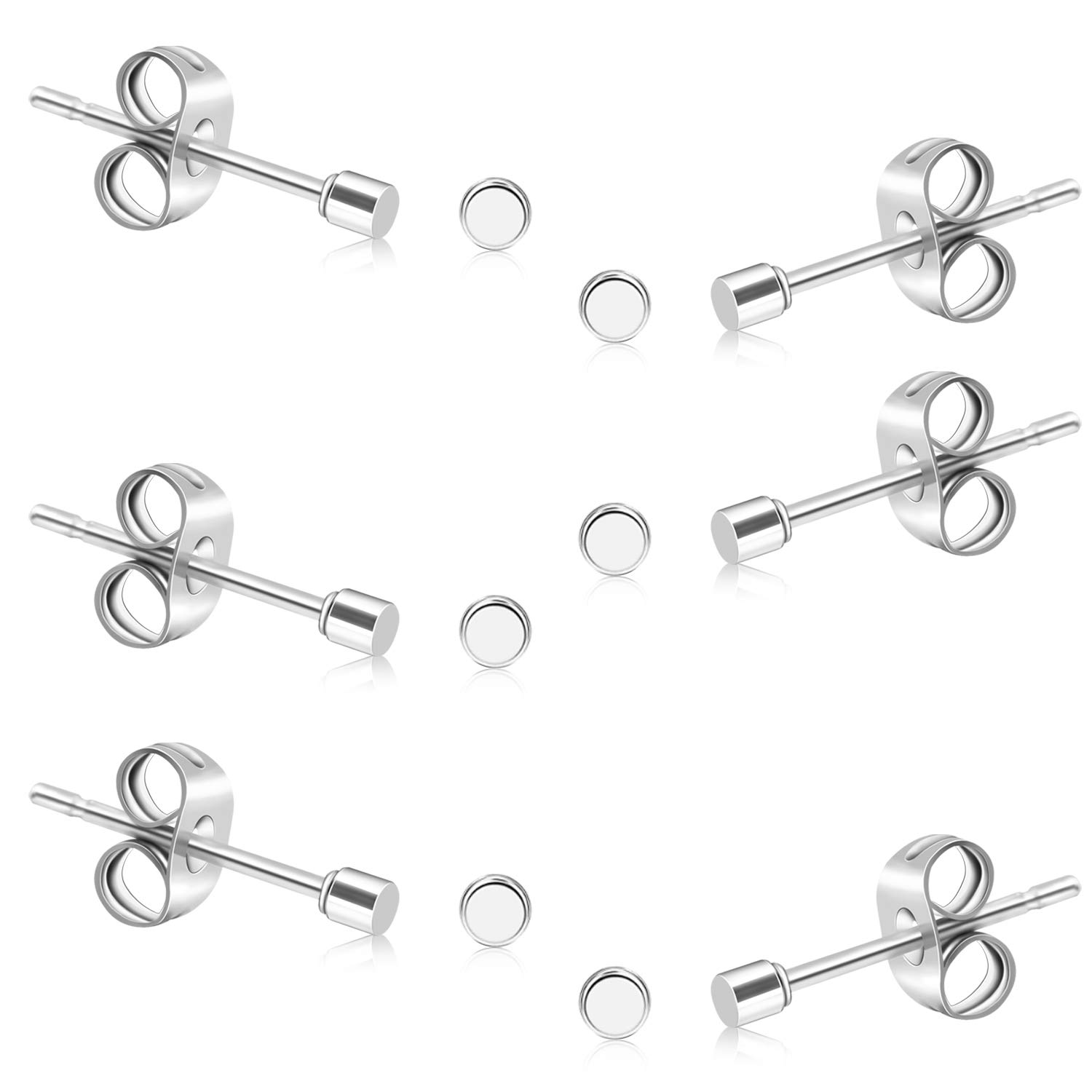 UHIBROS Hypoallergenic Stainless Steel Stud Earrings 2mm Tiny Ear Studs for Women Man 18K White Gold Plated 6 Pairs