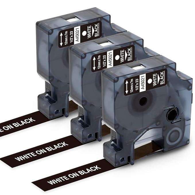 3X Compatible D1 Dymo Tape White on Black (Dymo 45021 12mm x 7m Label