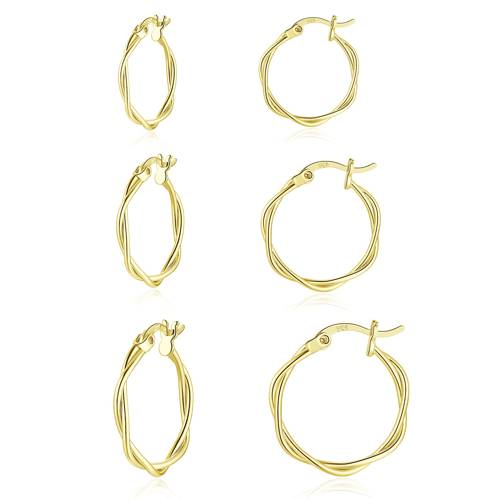 wynn's Silver Hoop Earrings for Women, 3 Pairs Small Sleeper Silver Hoops Earrings Set, Hypoallergenic 925 Sterling Silver Twist Hoop Earrings Set for Women Girls, 13,15,20mm gold hoops