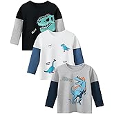 GFQLONG Toddler Boys 3 Pack Long Sleeve Cotton Shirts Kids Dinosaur Raglan Fall T-Shirts Sweatshirt Tee Sets