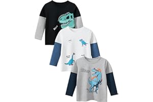 GFQLONG Toddler Boys 3 Pack Long Sleeve Cotton Shirts Kids Dinosaur Raglan Fall T-Shirts Sweatshirt Tee Sets