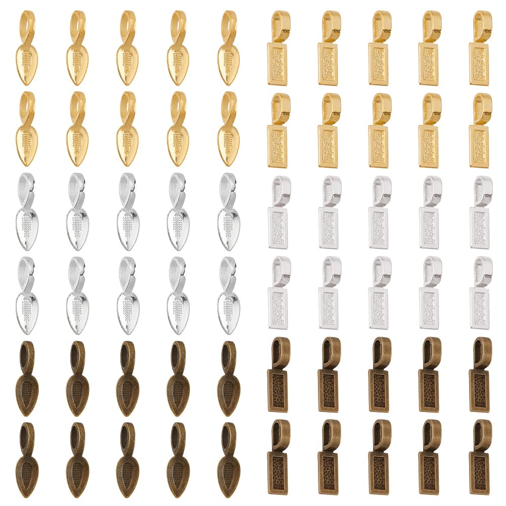 PH PandaHall 1 Box 120pcs Leaf Shape and Rectangle Shape Tibetan Style Glue-on Flat Pad Bails Pendant Cabochon Jewellery Findings, mixed color, 21x8x6mm, Hole: 4x6mm