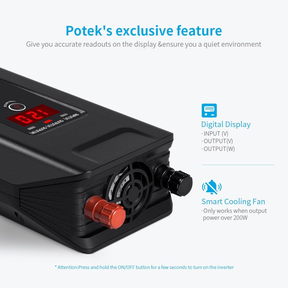 POTEK 750W Power Inverter 12V DC to 110V AC Car Adapter with Two USB and AC Charging Ports for Laptop,Tablet, Smartphone,Camera and More: Automotive