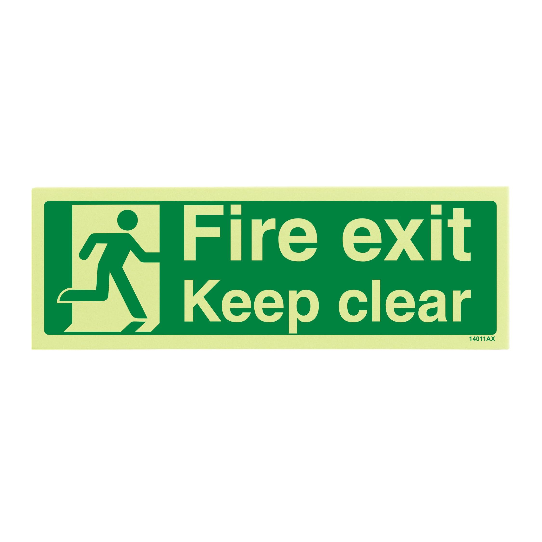 V Safety 14011AX-GS Glow In The Dark Fire Exit Keep Clear Sign - 300mm x 100mm - Self Adhesive Vinyl