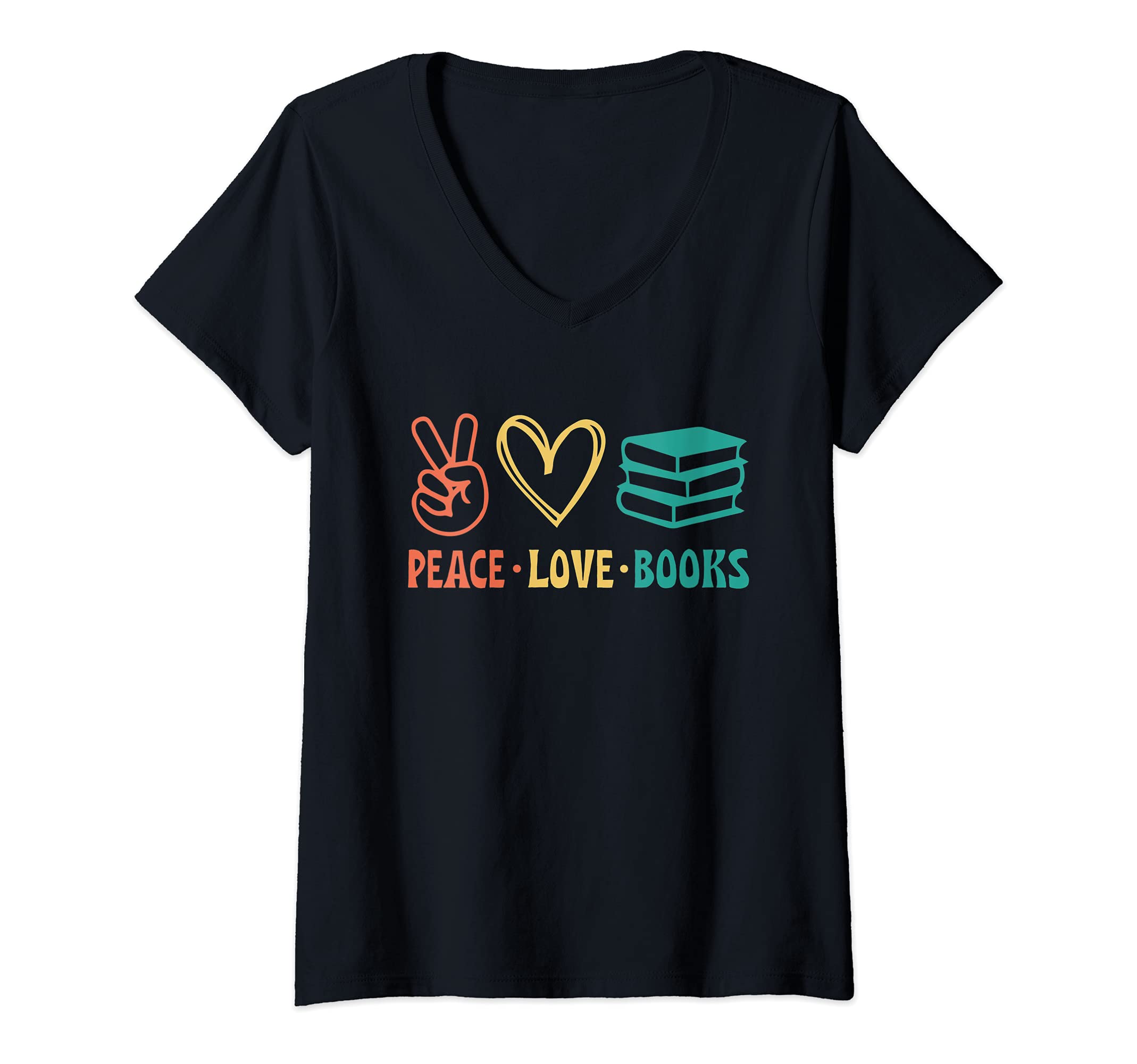 Womens Peace Love Books Symbols Reading Quote Book Lover V-Neck T-Shirt