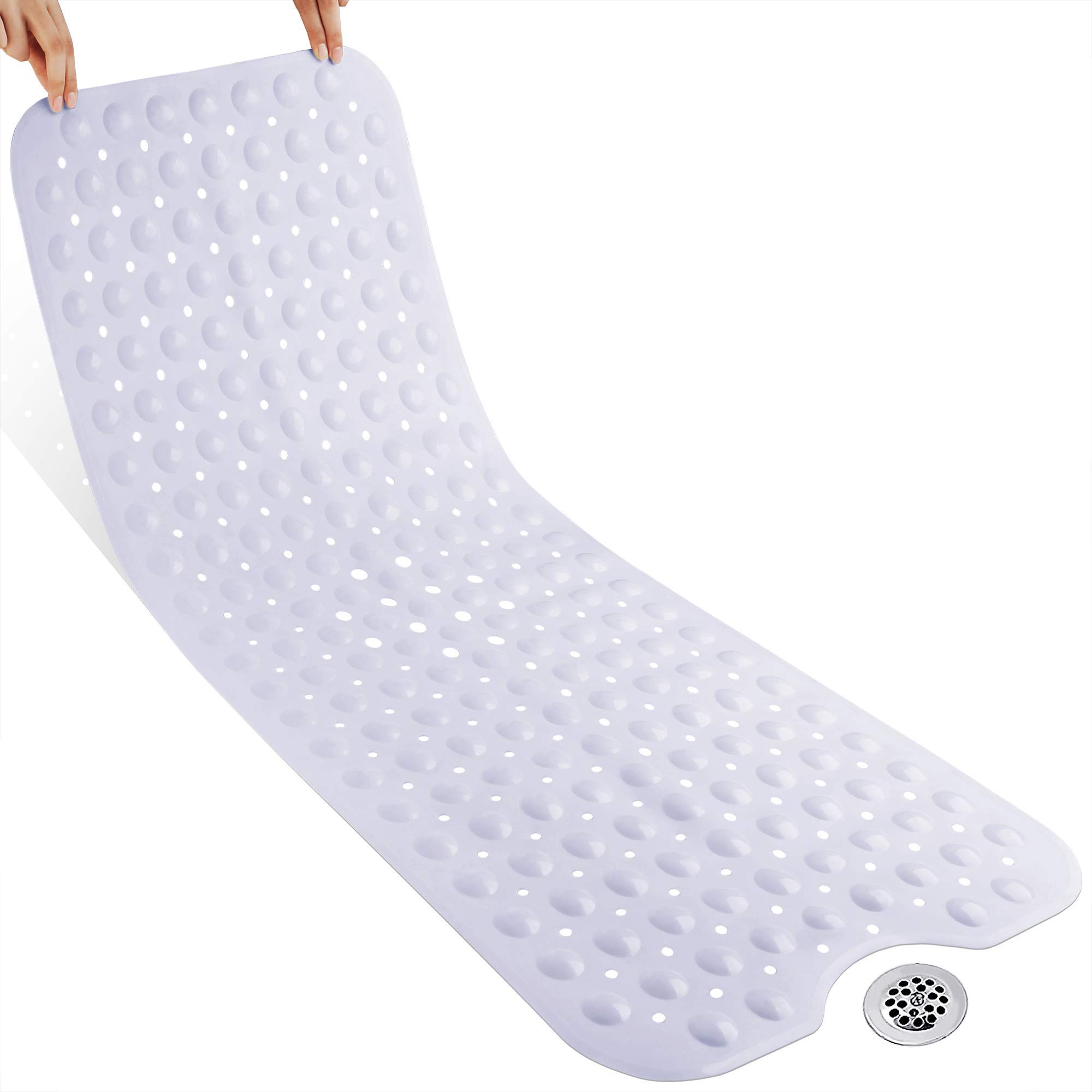 Yimobra Bath Mat 100 x 40 cm, Extra Long Non-Slip Shower Mats with Drain Holes and Suction Cups, Machine Washable, Bathtub Mats Ideal for Elderly & Children, Soft on Feet, White