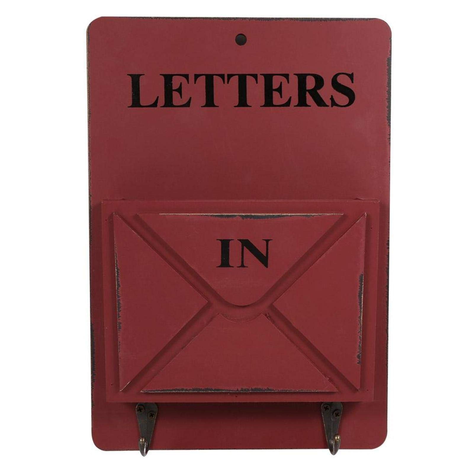 Letter Holder, Wood Mail Box Letter Rack Key Holder Wall Storage Creative Home Decoration with Hook Hanger(Red)