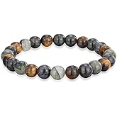 Crystal Vibe Triple Protection Bracelet - Tiger's Eye - Bloodstone - Iolite - Natural Gemstone Healing Bracelet - 8mm Beaded Bracelet for Protection Balance - Elastic Adjustable Size